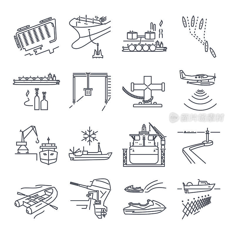 set of thin line icons water transport and sea port, gas tanker